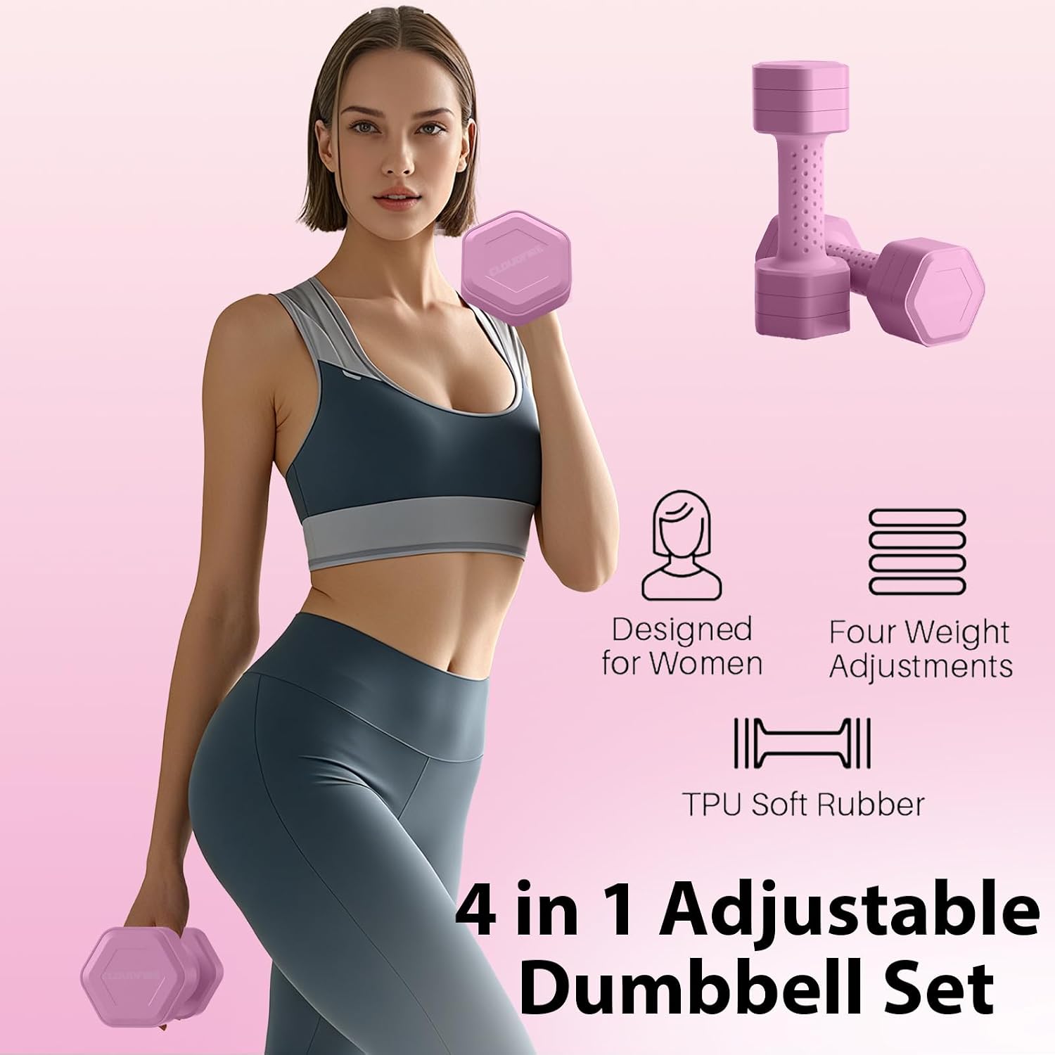 Adjustable Dumbbell Set of 2, 4 in 1 Free Weights Dumbbells Set, Hand Weights for Women at Home, 5 lb Dumbbells Set