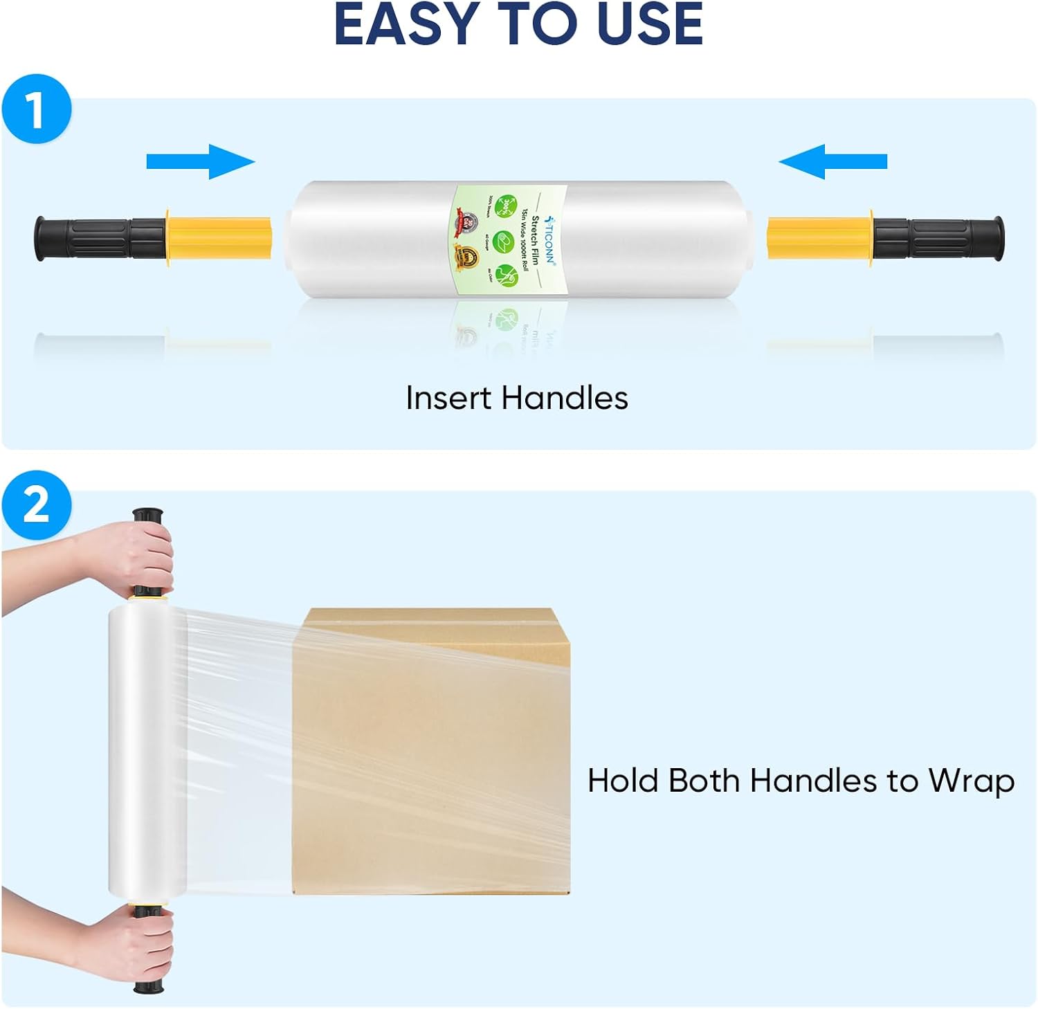 Stretch Wrap Stretch Film Roll, 1000ft Industrial Strength 15 inch Wide Clear Plastic Wrap with Handles for Pallet