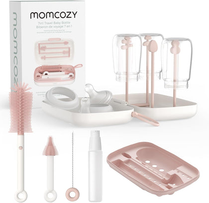 7-in-1 Baby Bottle Cleaner Kit with Silicone, Nipple & Straw Brushes, Soap Dispenser and Drying Rack - Portable