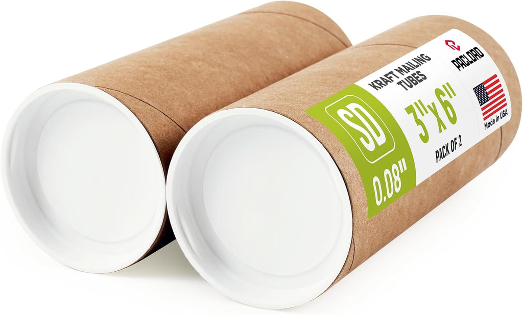 3" x 6" Made in USA Kraft Paper Mailing Tube, 2 Tubes, 4 Caps