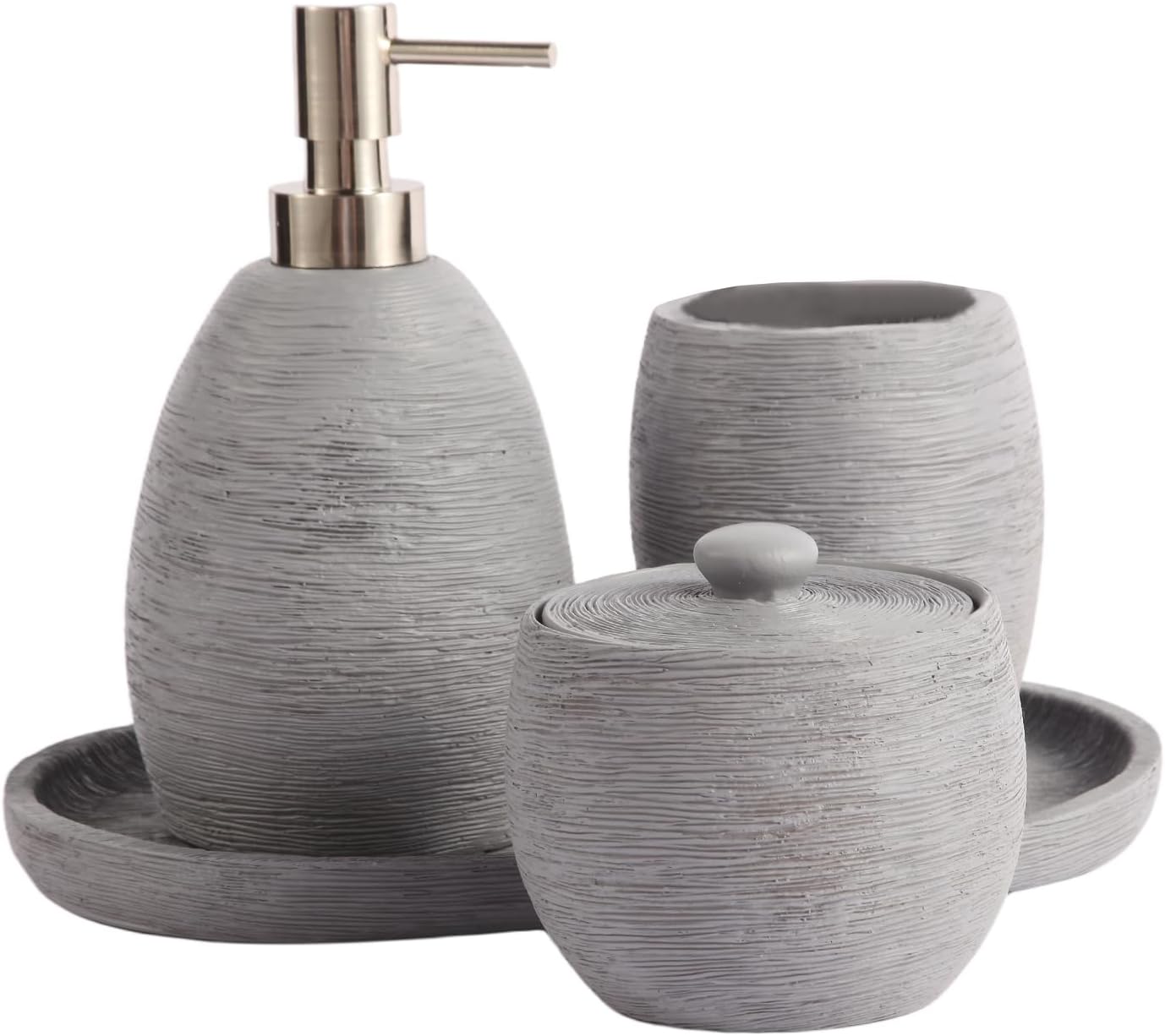 Modern Grey Bathroom Accessory Set,4 Pcs Luxury Bathroom Set | Resin Material,Includes Lotion Dispenser,Cotton Swab