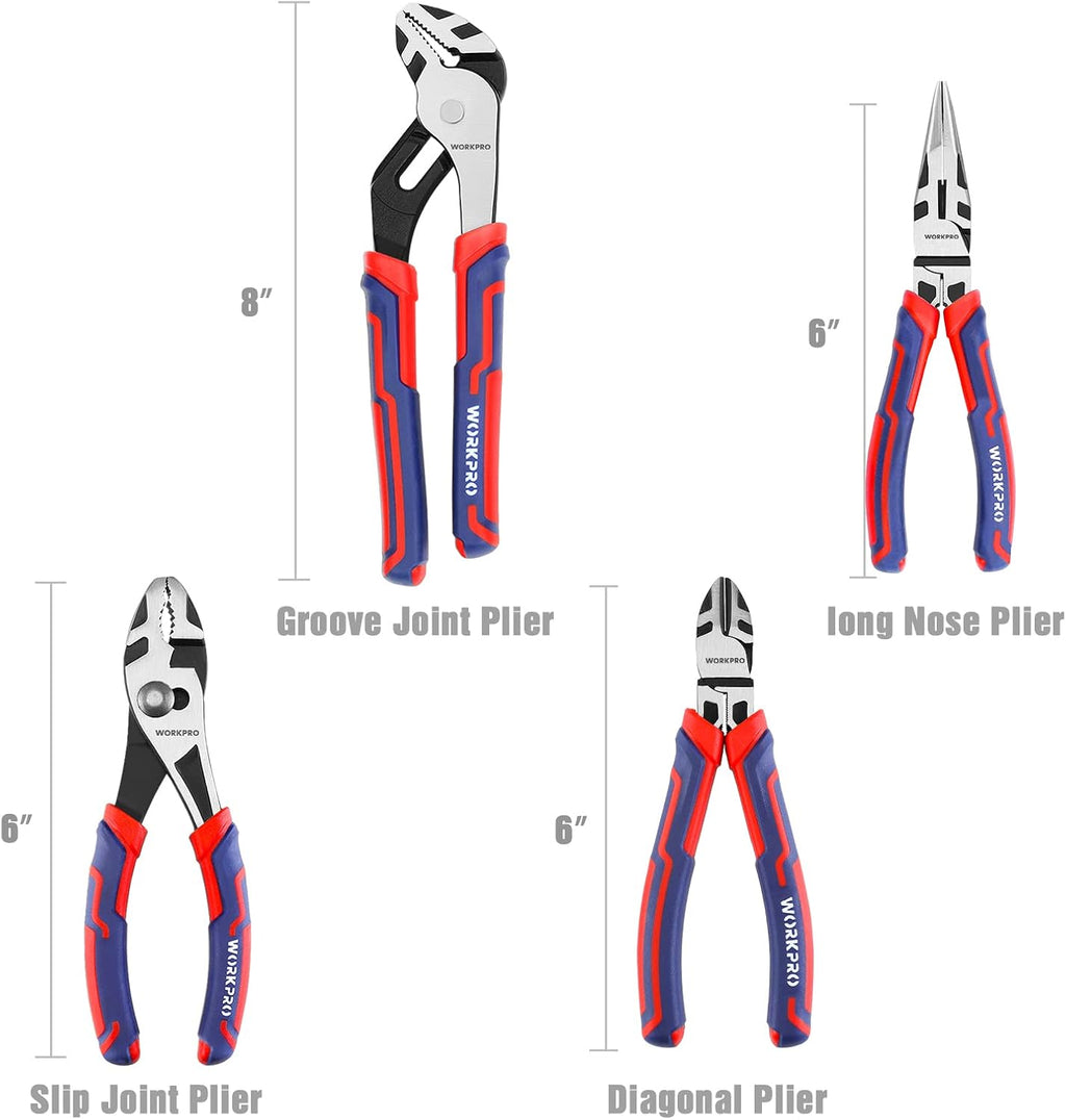 4-Piece Pliers Set - Premium CR-V Construction Tool Set Including Long Nose, Diagonal Cutting, Groove Joint and Slip