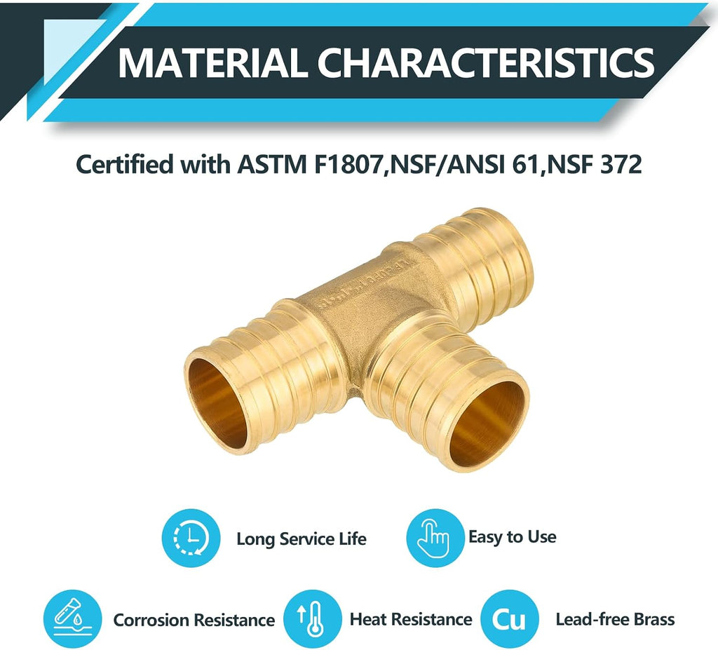 5Pack Seelink PEX Fittings, 1-Inch Pex Brass Crimp Tee(PEX1807074-5)