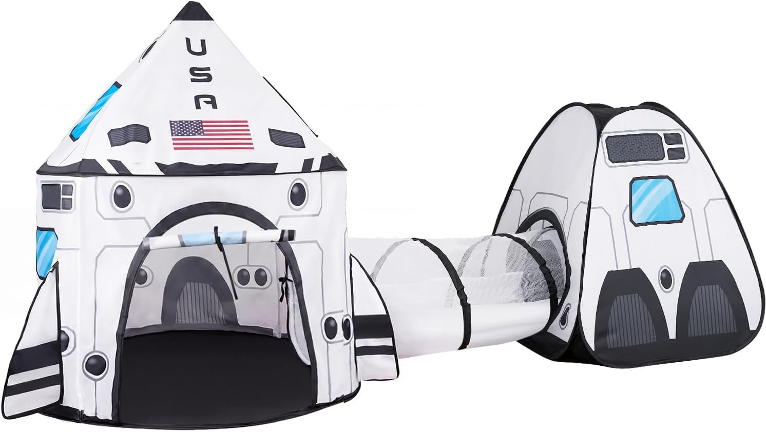 White Rocket Ship Pop up Play Tent with Tunnel and Playhouse Kids Indoor Outdoor Spaceship Tent Set