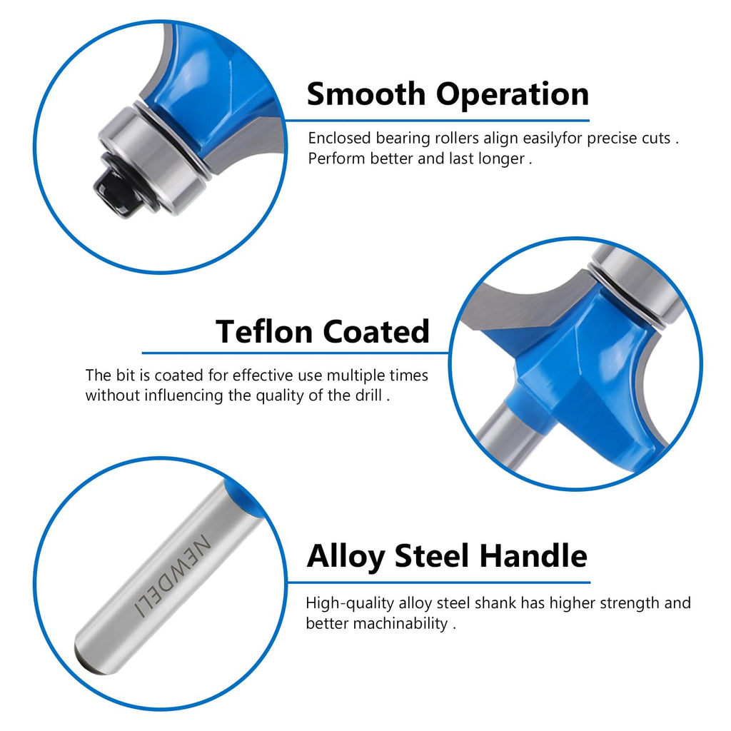 3Pcs Roundover Router Bit Set 1/4 Inch Shank, Carbide Round Over Router Bits for Edging Forming, Including 1/8"