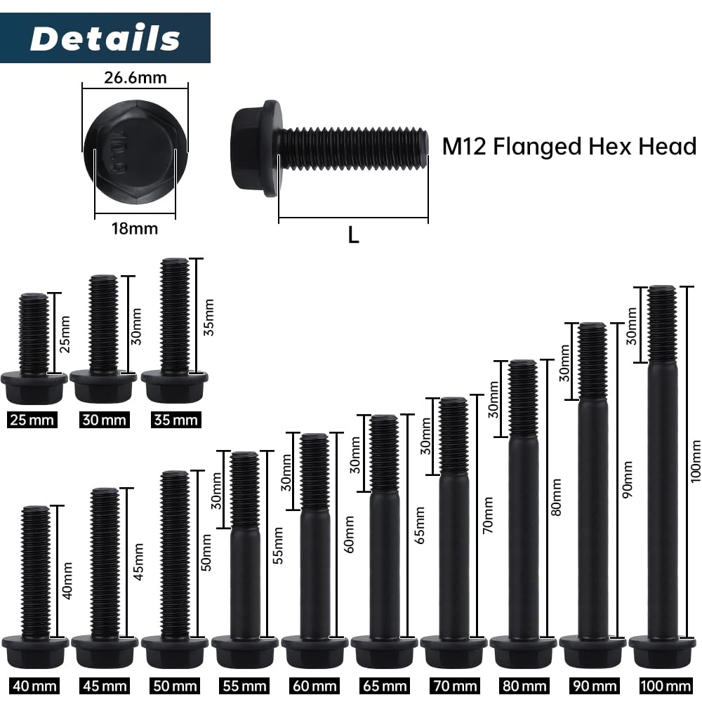 Glvaner M12-1.75 x 30mm (8 pcs) Alloy Steel Flanged Washer Head Hex Bolts, Extra-Large Washer Head, 10.9 Grade Black Oxide Finish GB5789 Full Thread