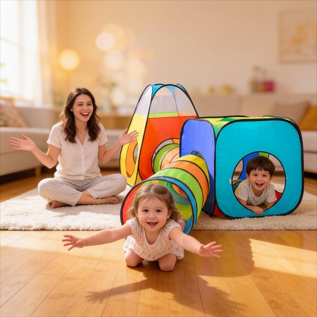 4 in 1: Play Tent With Crawling Tunnel, Partial Ball Pit, and Playhouse - Children's Baby Tent With Bag