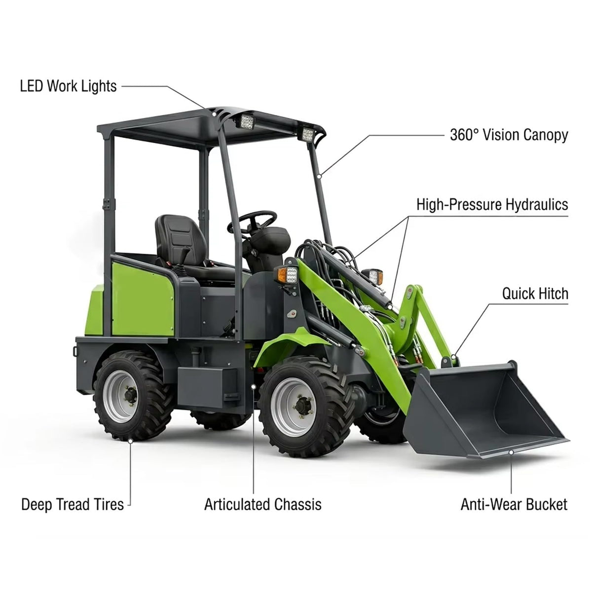 Full Electric Wheel Loader with Bucket, Compact Front End Loader, 1760 Lb Load Capacity Electric Wheel Skid Steer