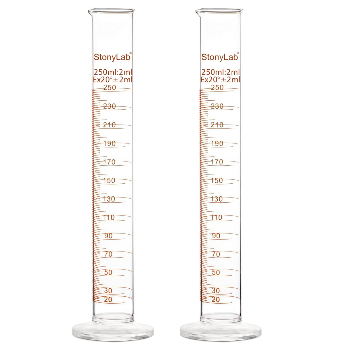 2-Pack 250ml Borosilicate Glass Graduated Cylinder Measuring Cylinder