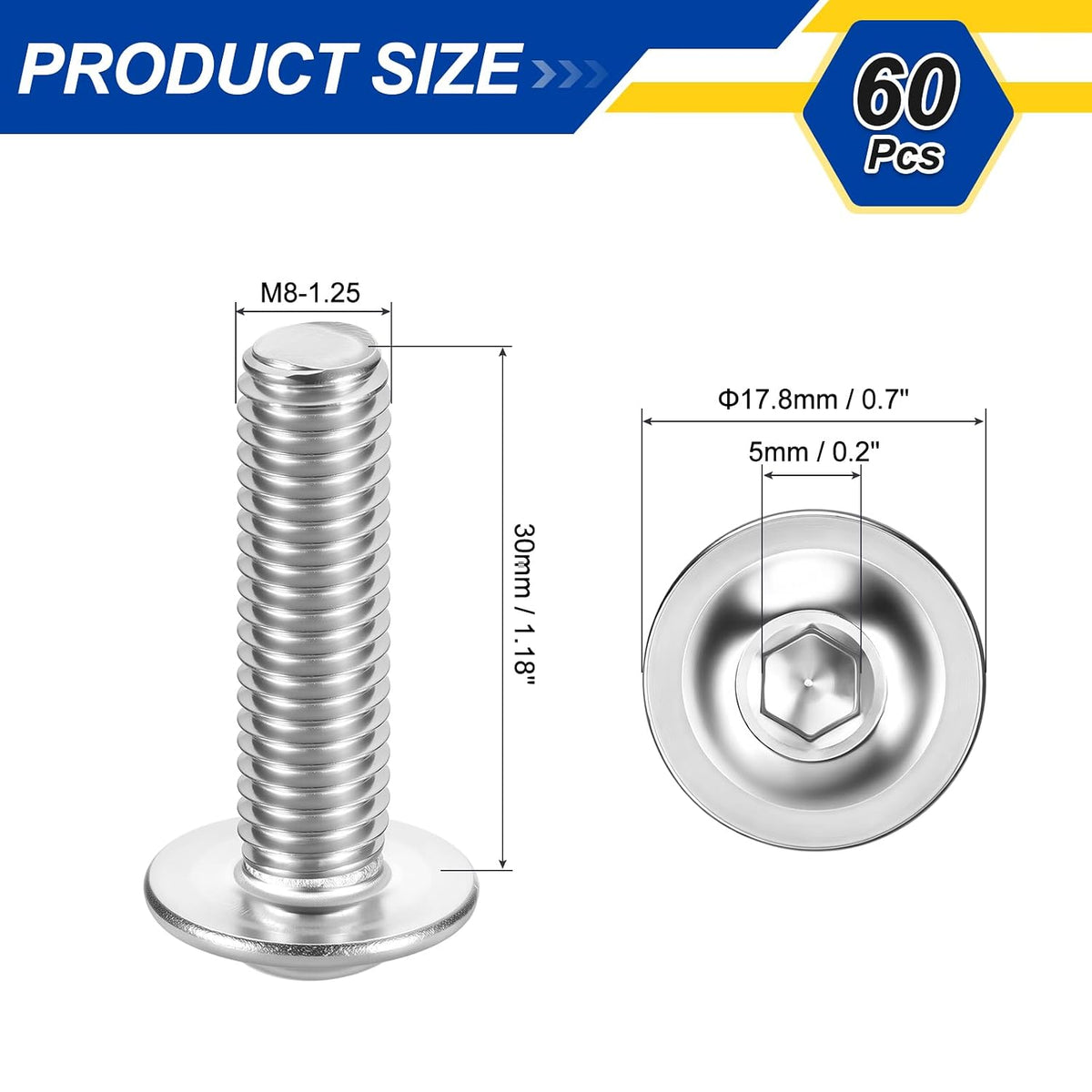 60pcs M8-1.25x30mm 304SS Flanged Button Head Socket Cap Screws