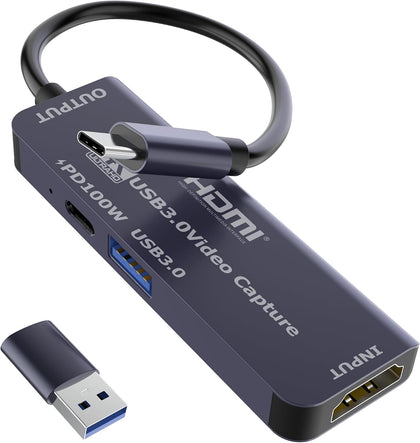 USB 3.0 Video Capture Card with PD 100W, Recording 4K, 1080P 60FPS, HDMI to USB-A/USB-C Capture Card with USB 3.0