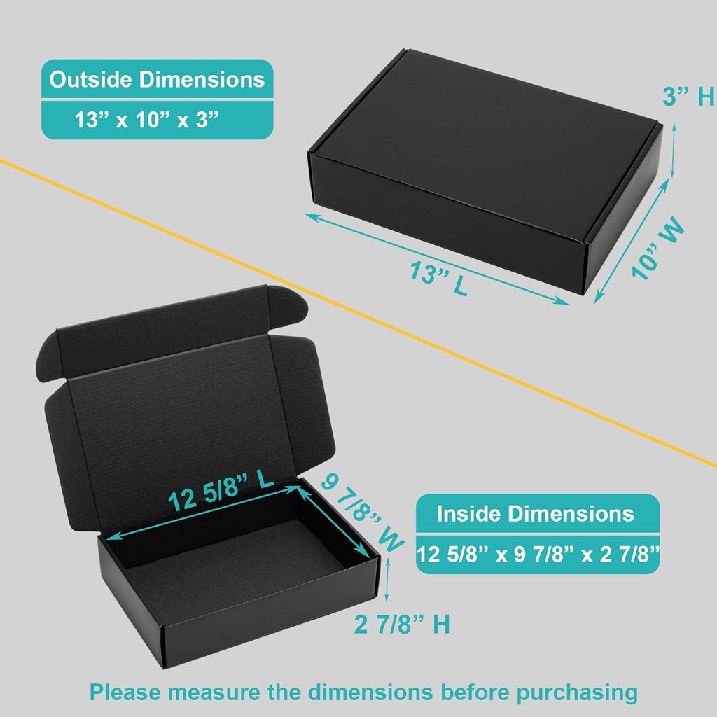 13x10x3" Black Shipping Boxes - Corrugated Cardboard Mailing Box Packaging for Small Business - Tab Locking