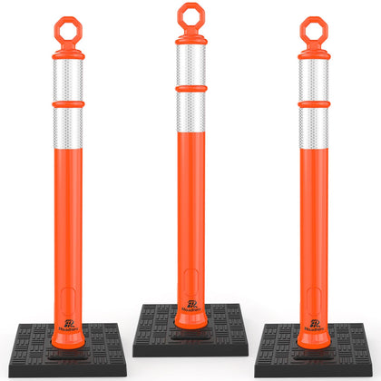 42 Inch Orange Traffic Delineator Post Cones with Base, 3 Pack | Portable Safety Traffic Posts, Reflective Collars