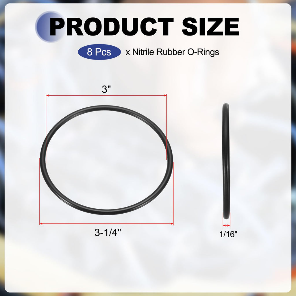 uxcell 8Pcs AS-234 Nitrile Rubber O-Rings 3" ID 3-1/4" OD 3/16" W