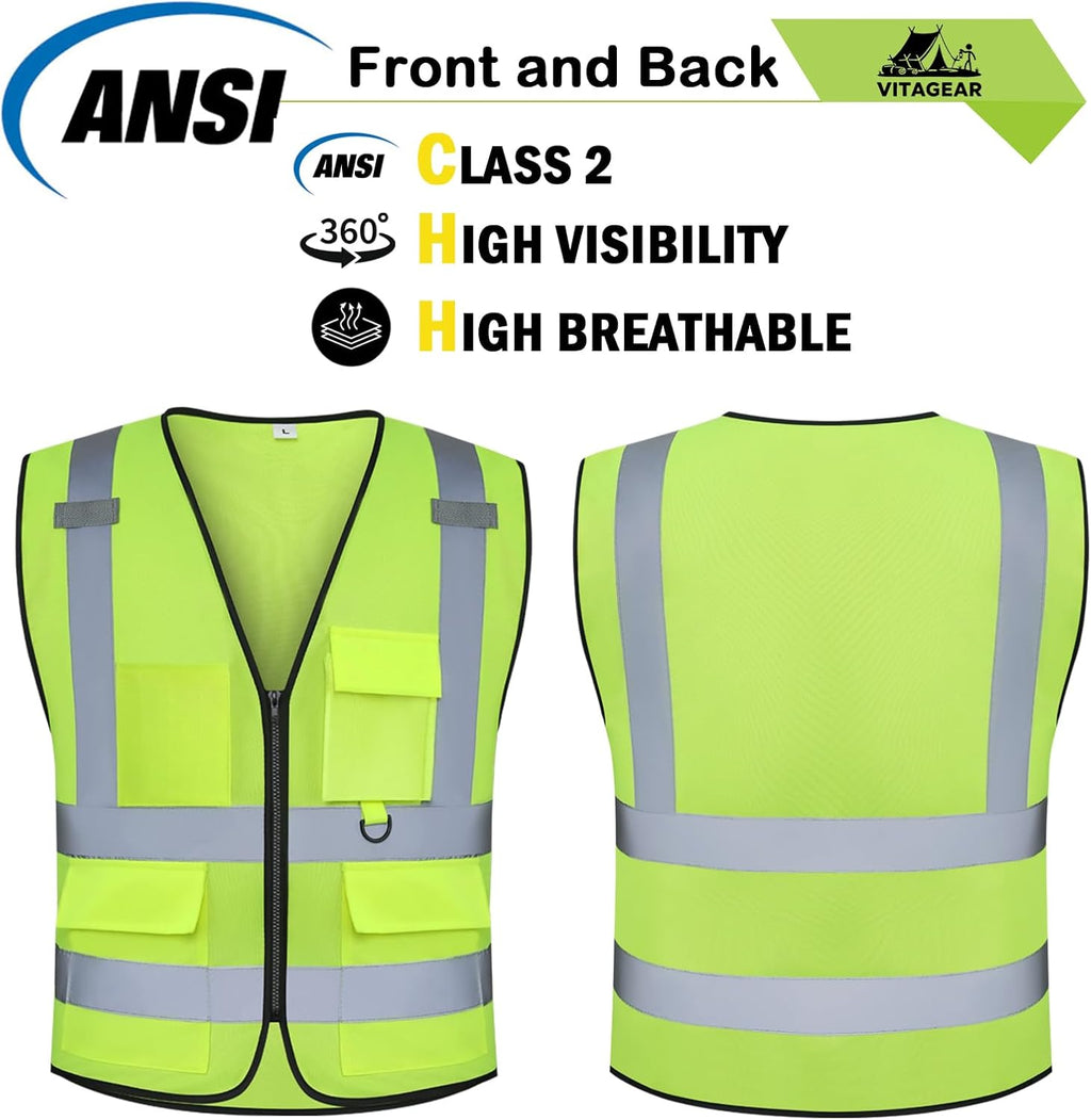 Class 2 High Visibility Safety Vests with Pockets, Hi Vis Vest for Construction Workers (Yellow L)