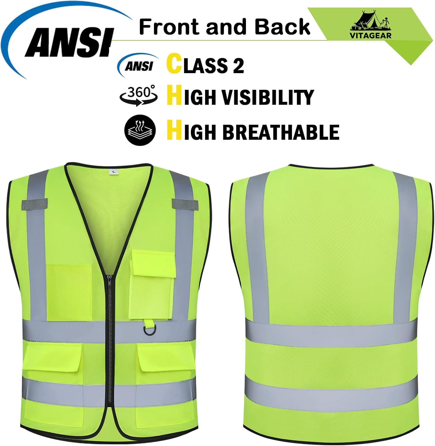 Class 2 High Visibility Safety Vests with Pockets, Hi Vis Vest for Construction Workers (Yellow L)
