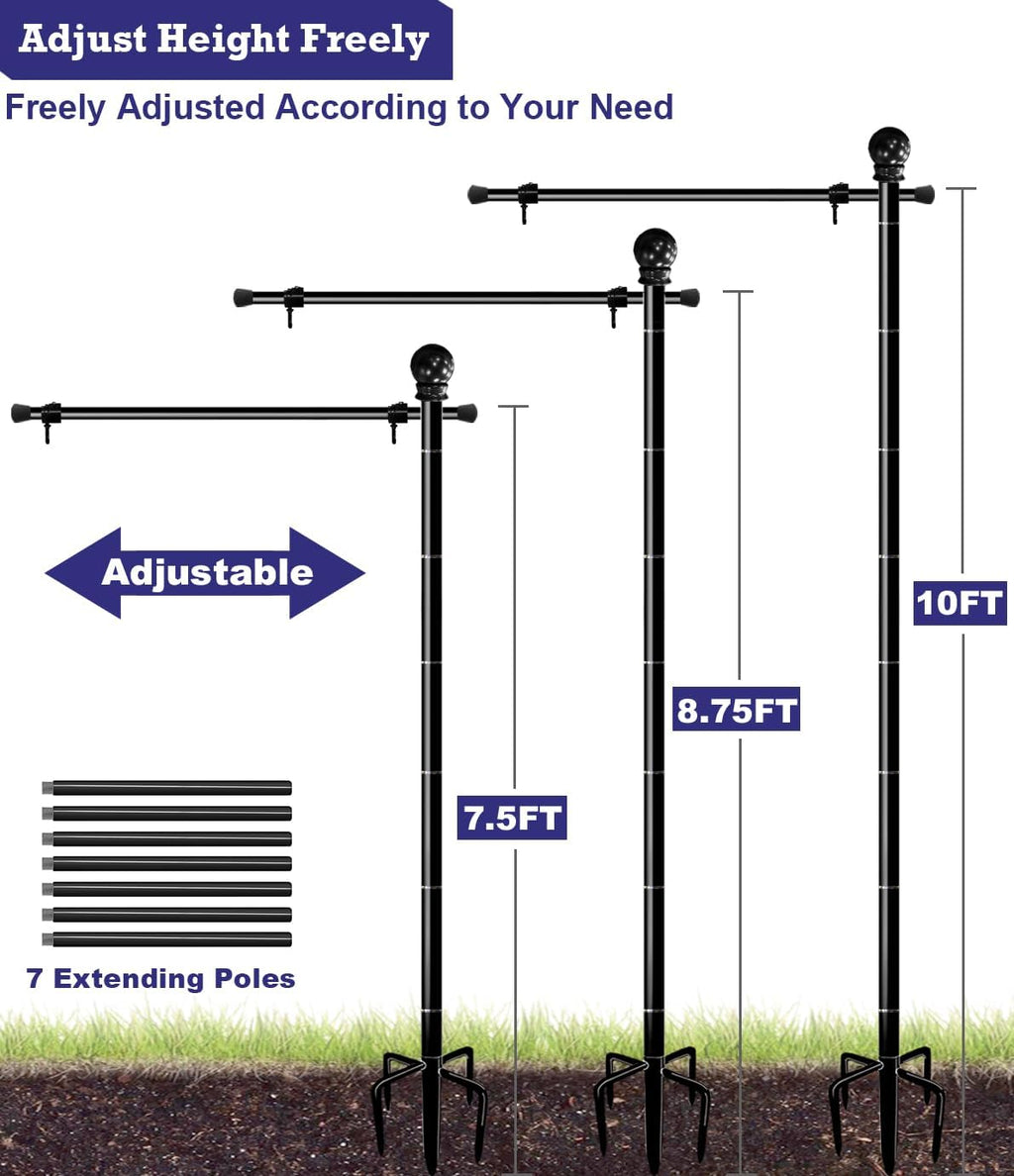 10FT Garden Flag Stand Pole for 3x5 Feet American Flags, Adjustable Flagpole with 5 Spikes Base for Outdoor Yard