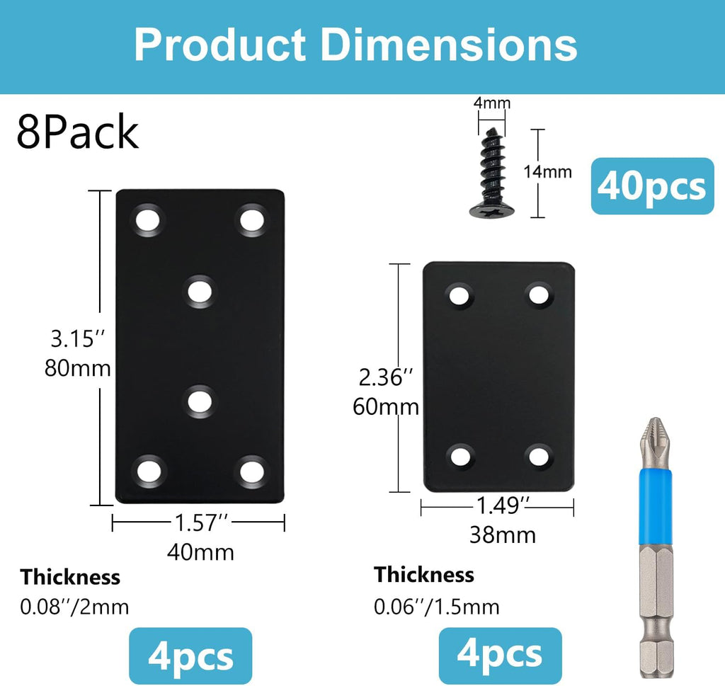8 Pack Black Flat Mending Plate 3.15x1.57‘’ & 2.36x1.49'', Stainless Steel Bracket, Straight Metal Brace Bracket