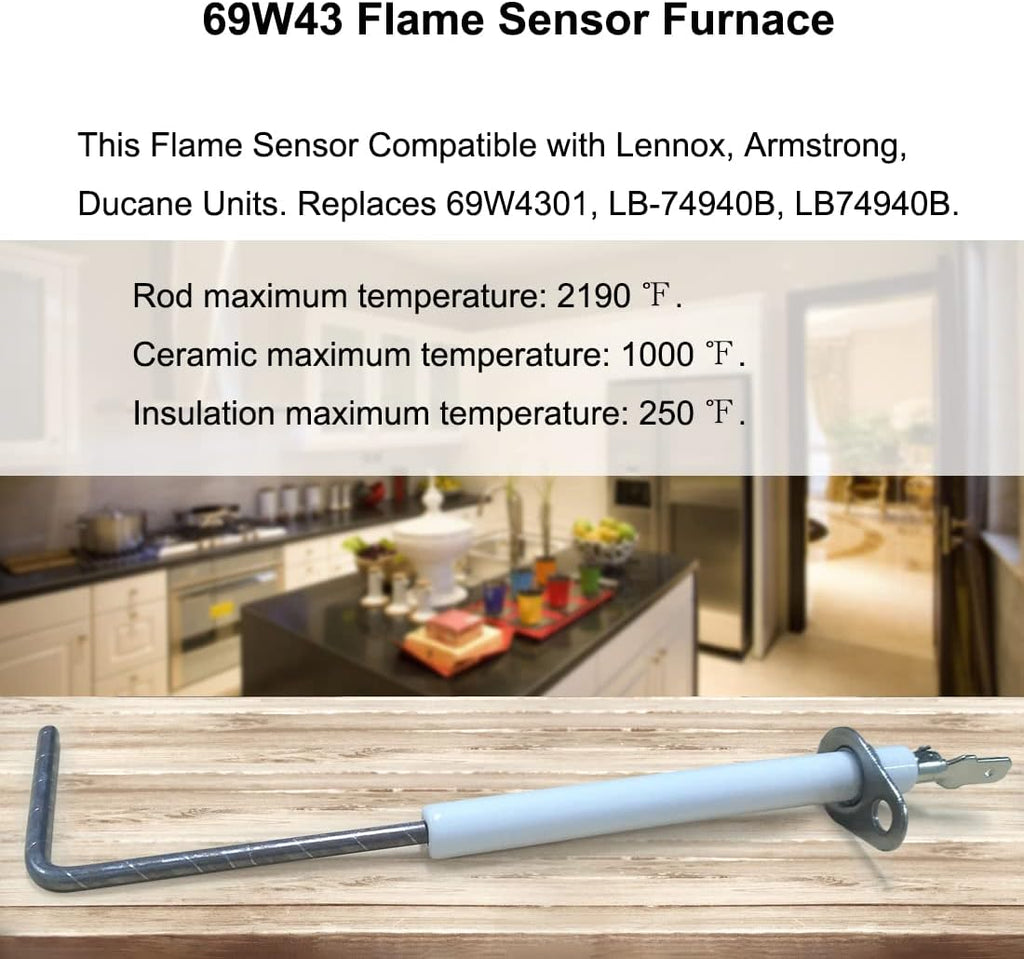 69W43 Flame Sensor Furnace for Lennox Ducane Armstrong Furnaces Fits Replace 69W4301 LB-74940B LB74940B - 2Pack