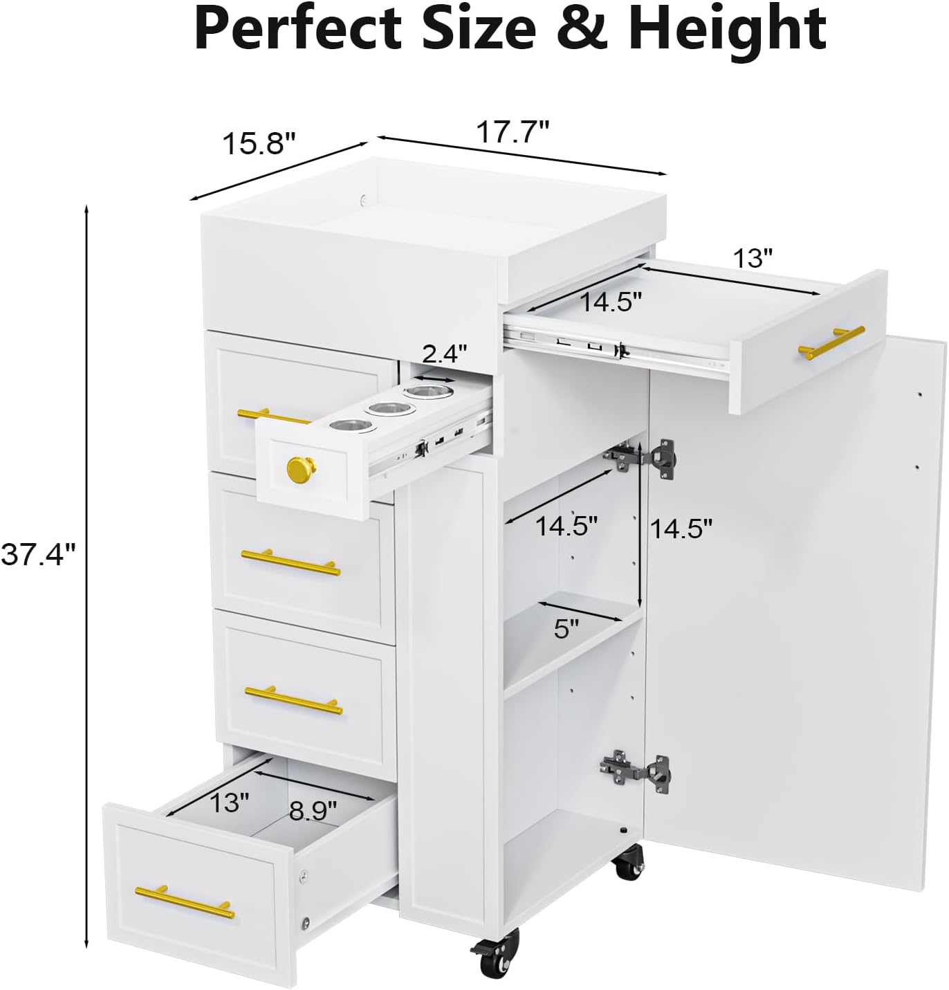 Salon Trolley Cart, Hair Styling Station with 5 Drawers, 3 Tool Holders & Adjustable Shelf, Mobile Storage Cabinet