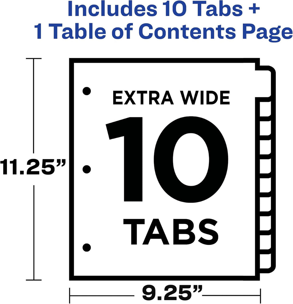Extra-Wide Dividers for 3 Ring Binders, 10 Tabs per Set, Customizable Table of Contents, Multicolor Tabs, Works Great