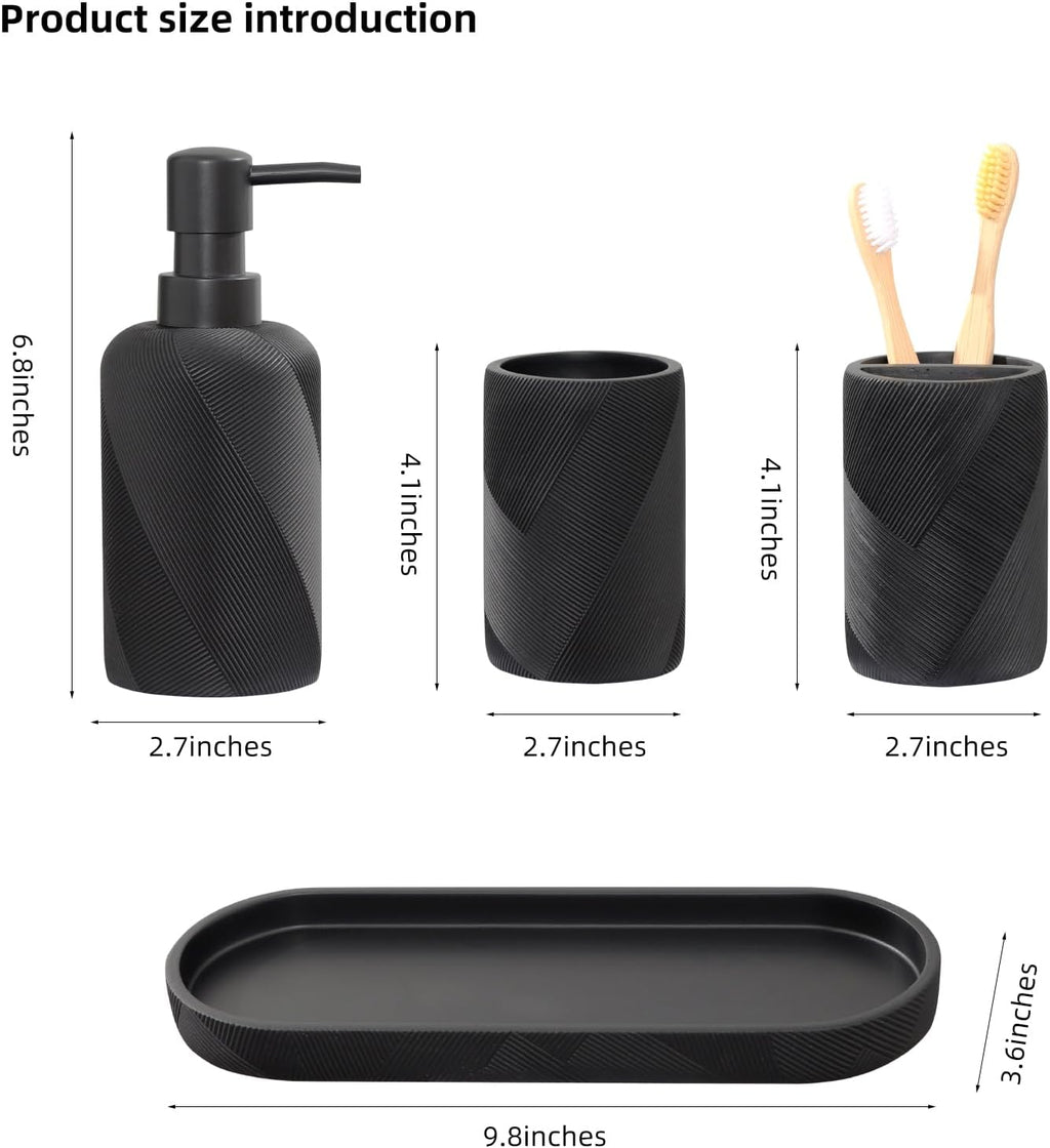 Bathroom Accessories Set, Bathroom Organizer Countertop, Matte Black, 4 PCS | Modern,Simple,Stripe, With 10OZ Soap