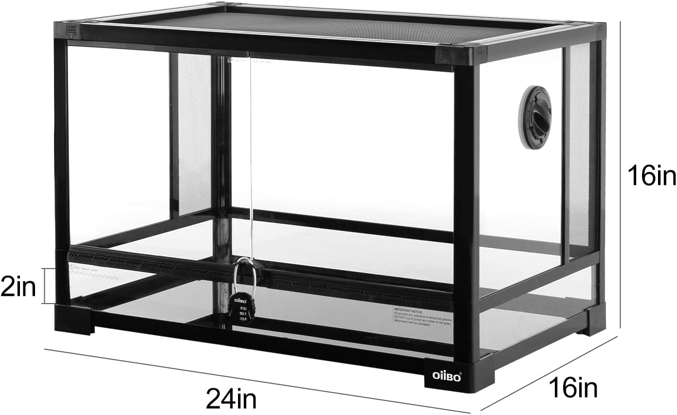 Full Vision Glass Reptile Terrarium 27 Gallon, Double Hinge Door with Screen Ventilation Reptile Tank 24"x16"x16"