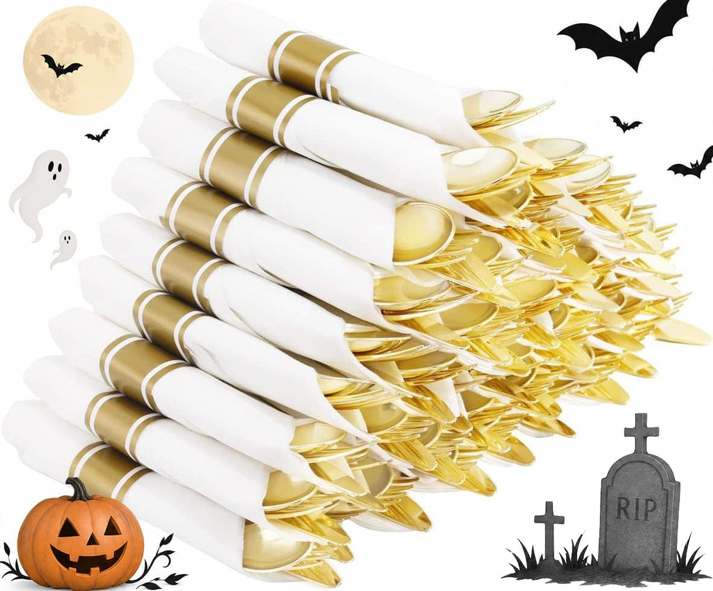 60pack Pre Rolled Gold Plastic Silverware Set with Napkins
