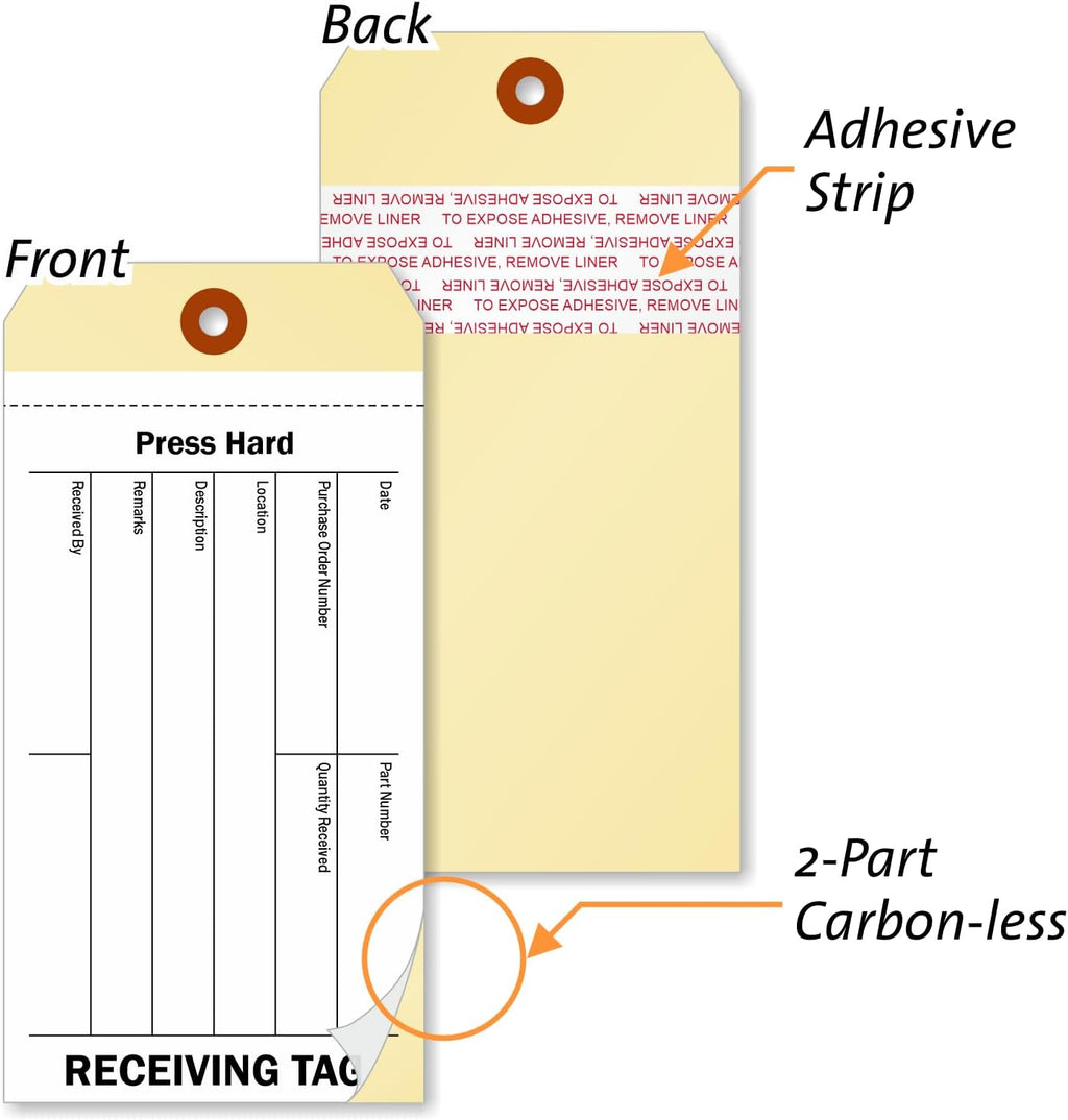 100-Pack 2-Part NCR Receiving Tags with Adhesive Strip - 6.25"x3.125", Thick Manila Tags with 60# Tear-Off NCR Paper