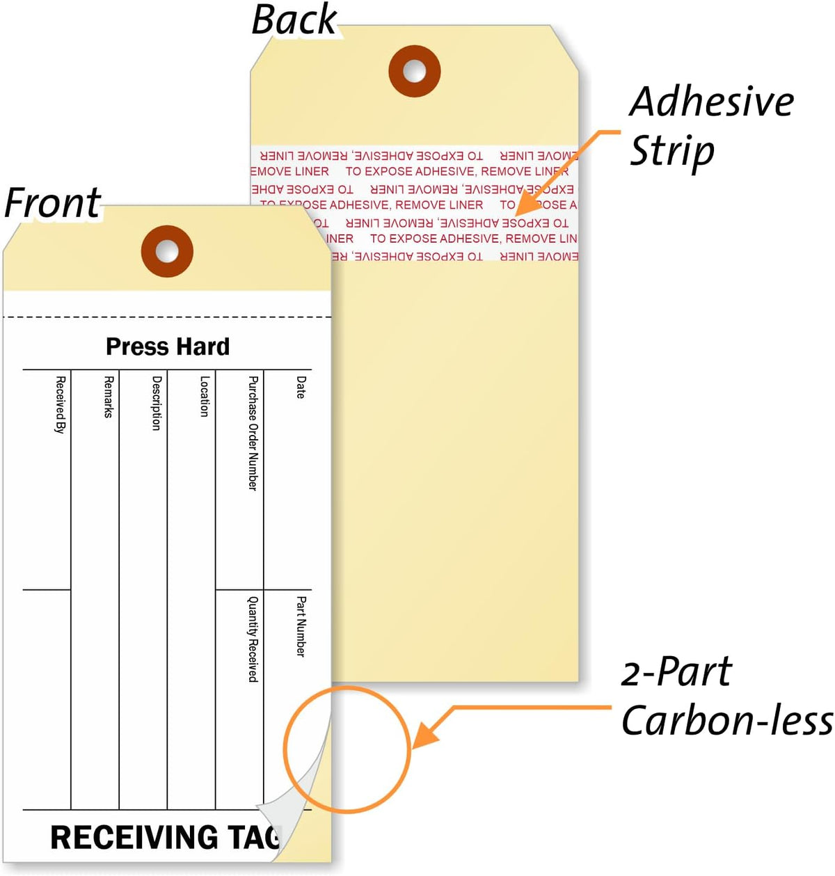 100-Pack 2-Part NCR Receiving Tags with Adhesive Strip - 6.25"x3.125", Thick Manila Tags with 60# Tear-Off NCR Paper