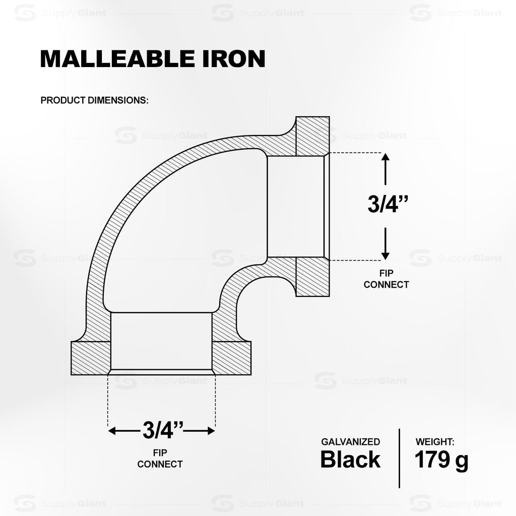 Supply Giant CNOM0034 3/4 in. 90 Degree Malleable Iron Elbow Fitting for High Pressures with Female Thread Connects and Black Finish