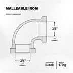 Supply Giant CNOM0034 3/4 in. 90 Degree Malleable Iron Elbow Fitting for High Pressures with Female Thread Connects and Black Finish