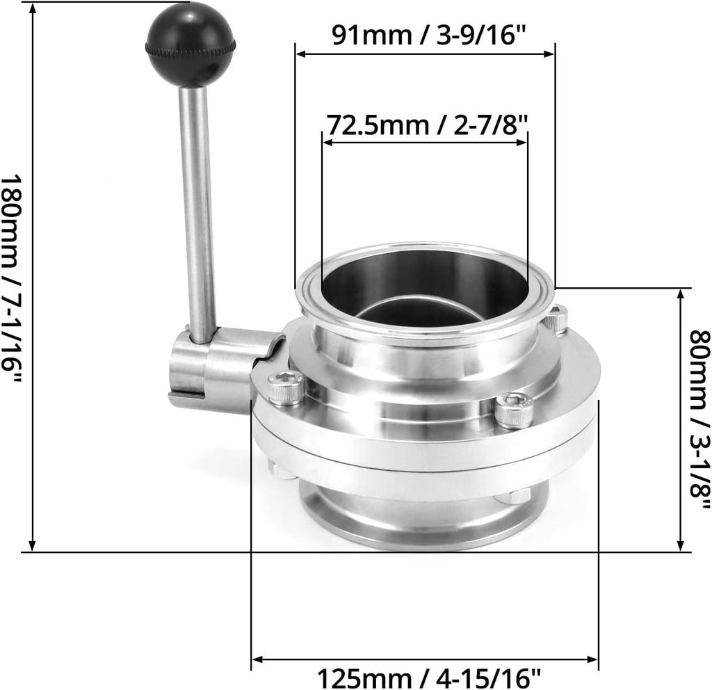 QWORK Stainless Steel Butterfly Valve 3" Tube OD – Precise Flow Control for Brewing, Liquid Transfer & Dairy Lines, 1 Pack
