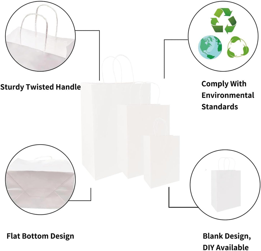 120 pack White Gifts Bags with Handles Assorted Sizes Mixed Sizes Bulk Kraft Paper Gift Bags Take Out Bags for