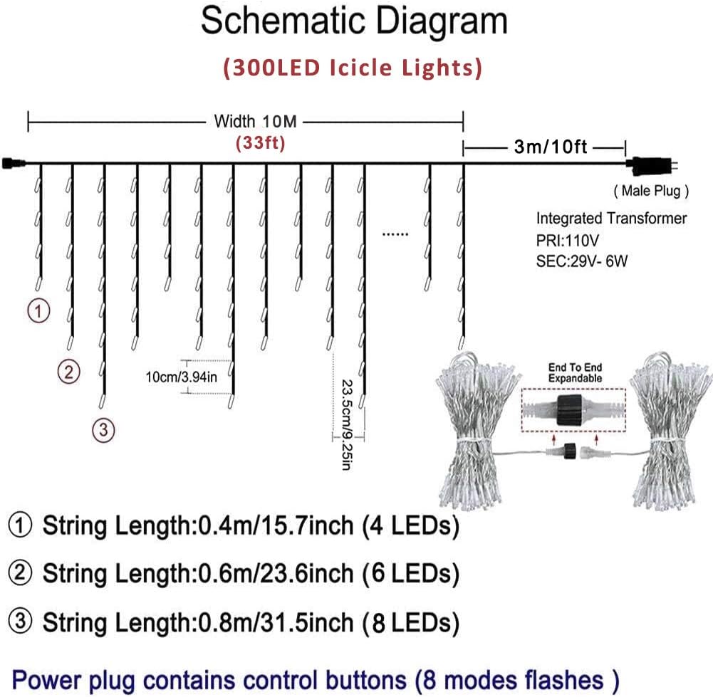 300 LED Christmas Icicle Lights,33FT White String Lights | 50 Drops Connectable,8 Modes with Memory,Plug In Hanging