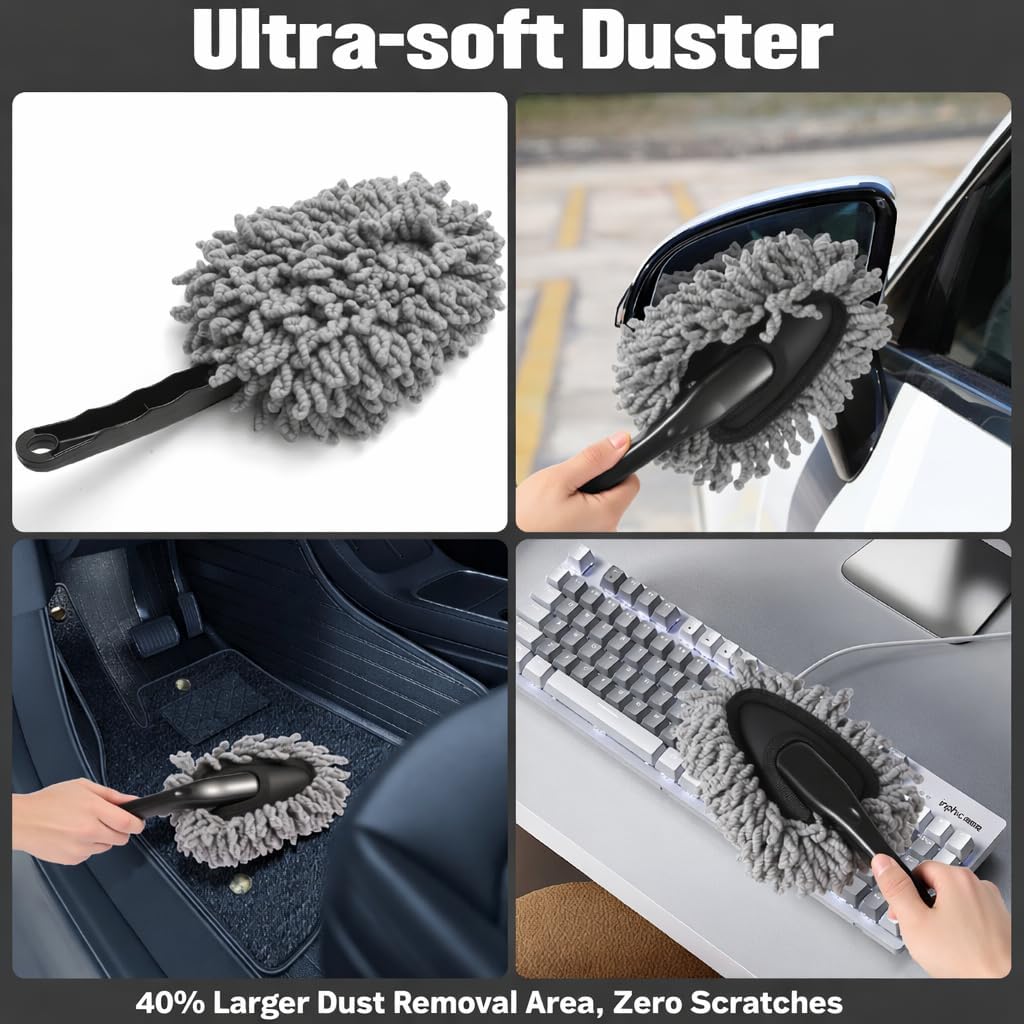 15-Piece Car Interior & Glass Cleaning Kit - 3 Graded Boar Brushes, 3-in-1 AC Vent Shutter Brush, 160g Gel, 180°