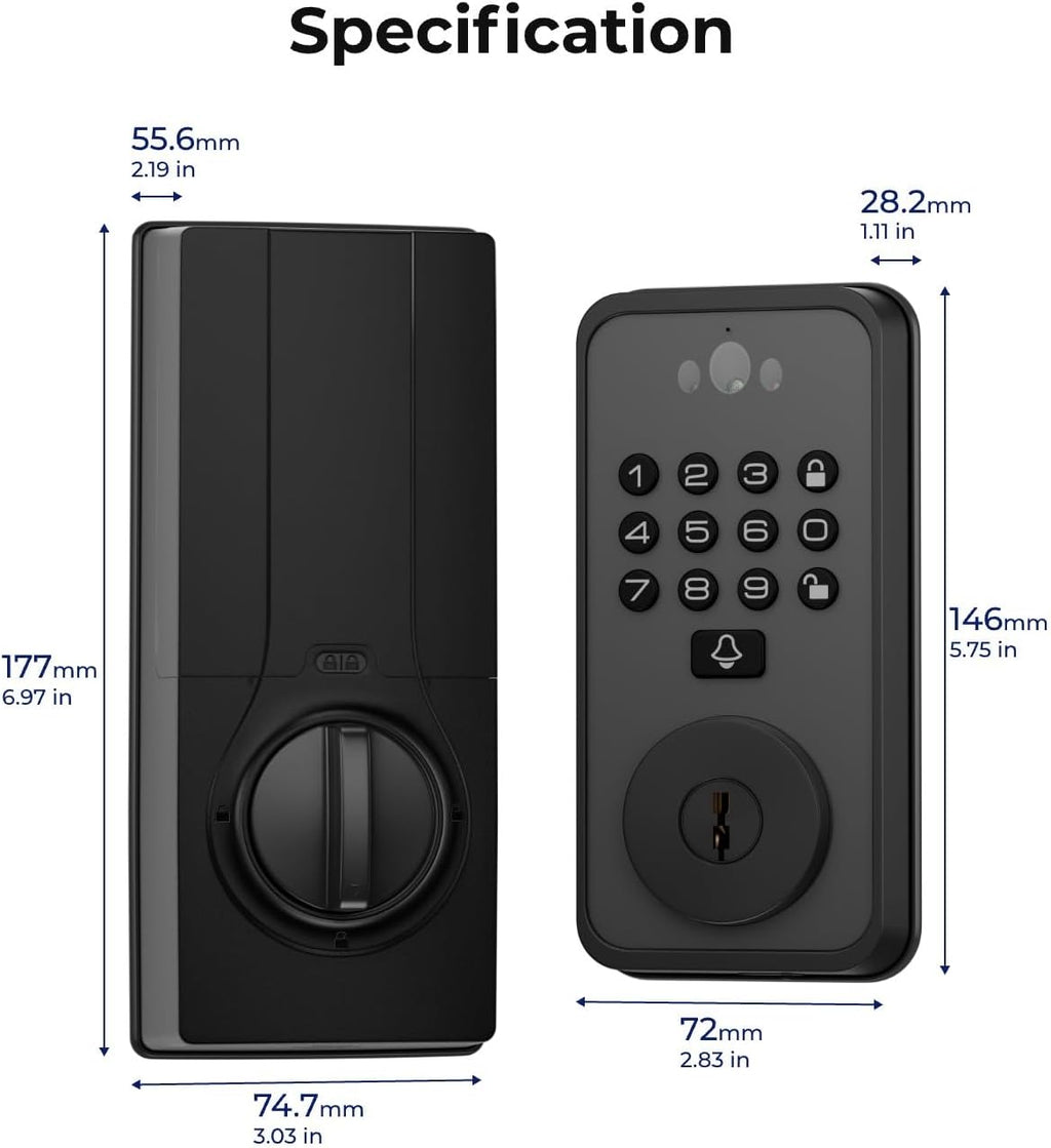 Smart Door Lock with Face & Palm Vein Recognition, Ultra-Wide Peephole Video Doorbell, Keep-Alive WiFi, Tuya App