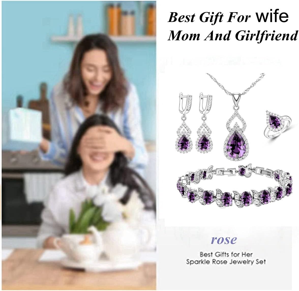 Women Jewelry Set Platinum Plated Necklace Open Ring Earrings Bracelet Set,Birthday/Anniversary Mother’s Day Jewelry
