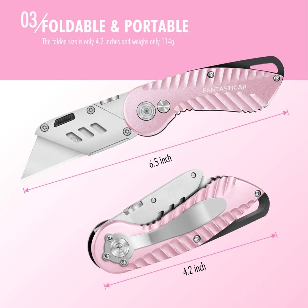 Folding Box Cutter, Utility Knife with Extra 5 Blades (Pink)