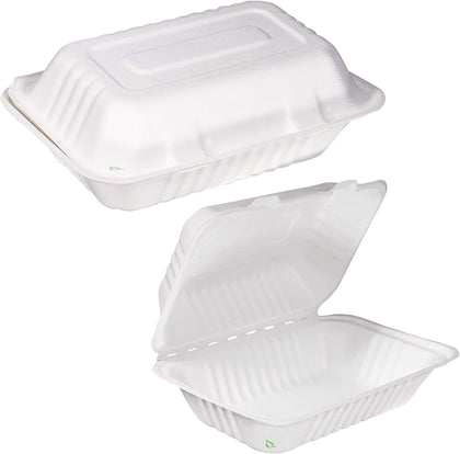 [10 PACK] EcoQuality White 6 x 9 x 3 in. Compostable Clam Shell Hinged Take Out Food Container - Sugarcane Bagasse