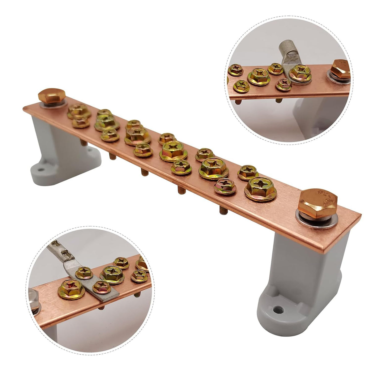 Copper Grounding Bar Kit, 7.8" Copper Bus Bar Ground Bus Bar with 16 Terminal Positions and UL Material BusBar Insulator T Posts