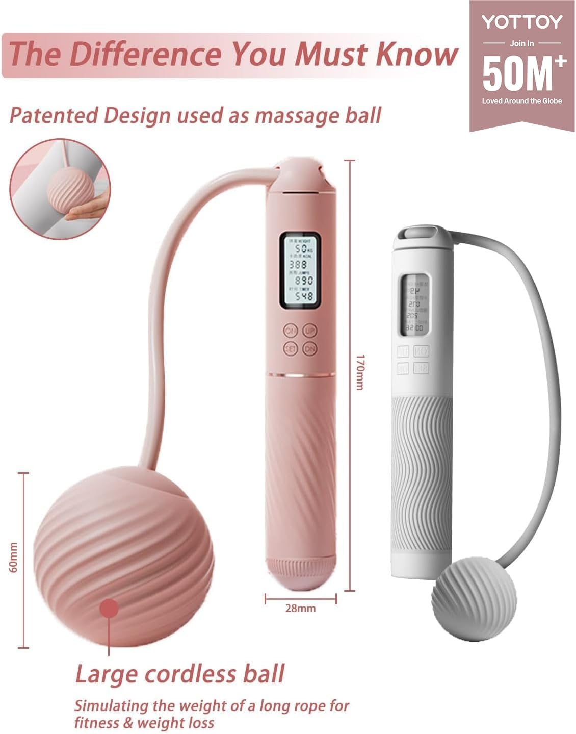 Skipping Ropes for Adults -Cordless Counter Jump Rope with Large Cordless Ball-Weighted Jump Rope for Women with LCD