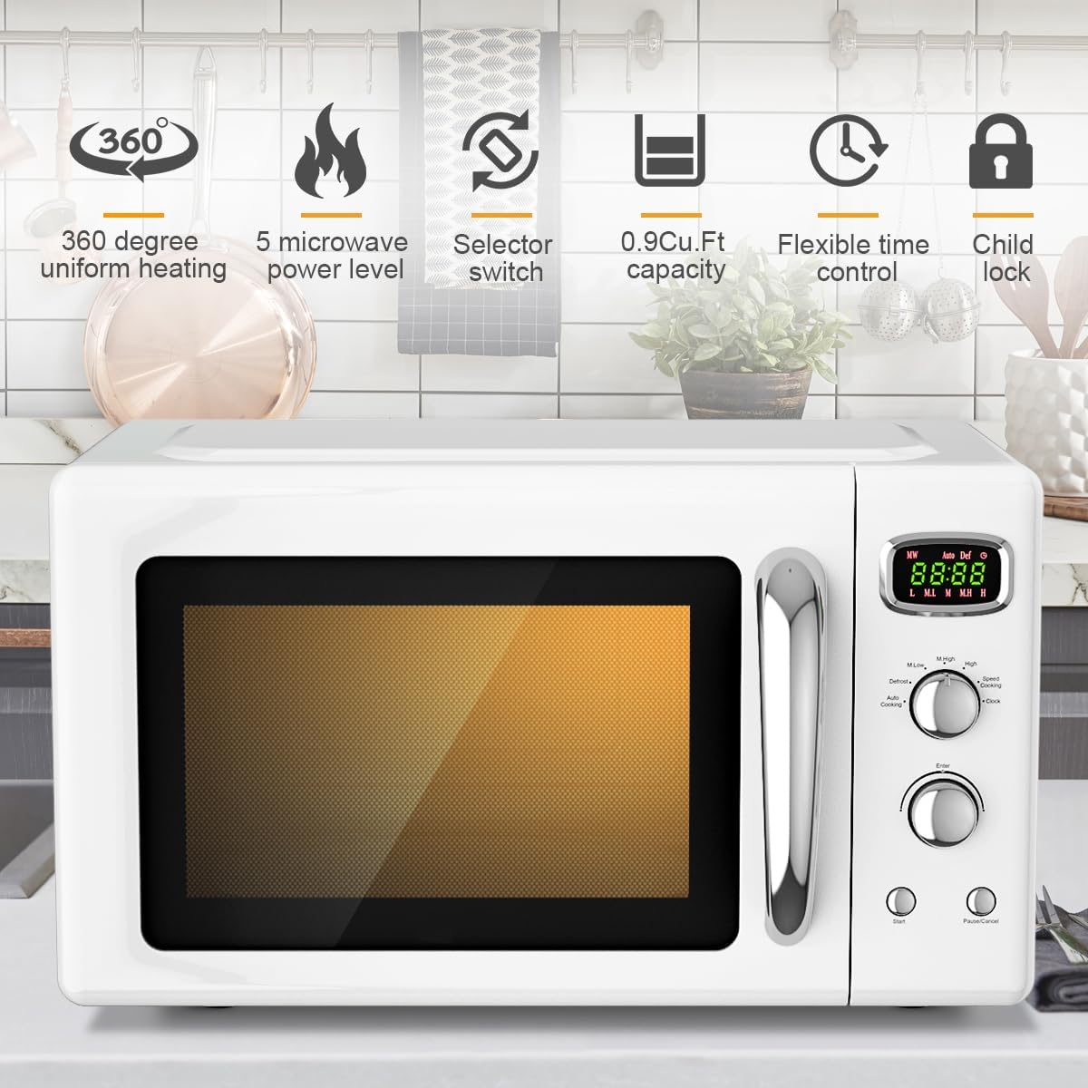 Retro Microwave 0.9Cu.Ft, 900W Countertop Microwave Oven w/5 Power Level, Defrost & Auto Cooking, LED Display, Pull