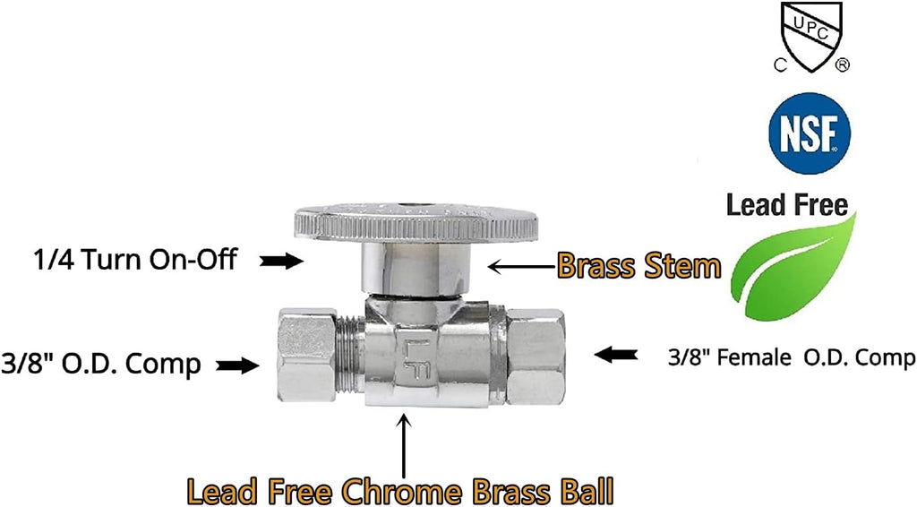 3/8" O.D Female Compression x 3/8" O.D Male Comp. Brass Quarter Turn Water Shut Off Straight Repair Add On Stop Ball