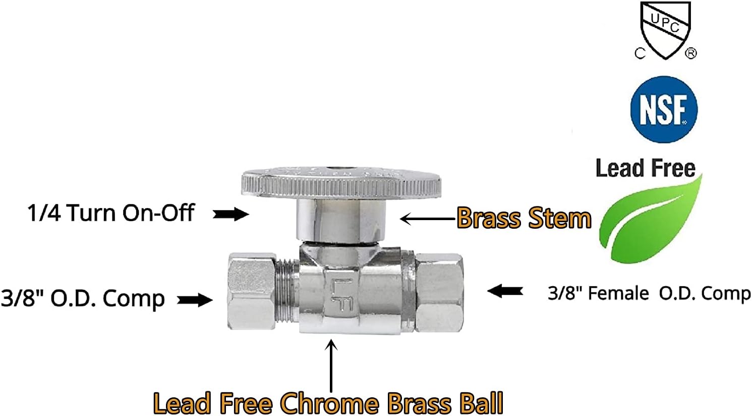3/8" O.D Female Compression x 3/8" O.D Male Comp. Brass Quarter Turn Water Shut Off Straight Repair Add On Stop Ball
