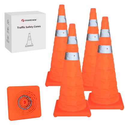 Collapsible Traffic Safety Cones, [4 Pack] 28 Inch Orange Cones, Multi Purpose Pop-up Cones with Reflective Collar