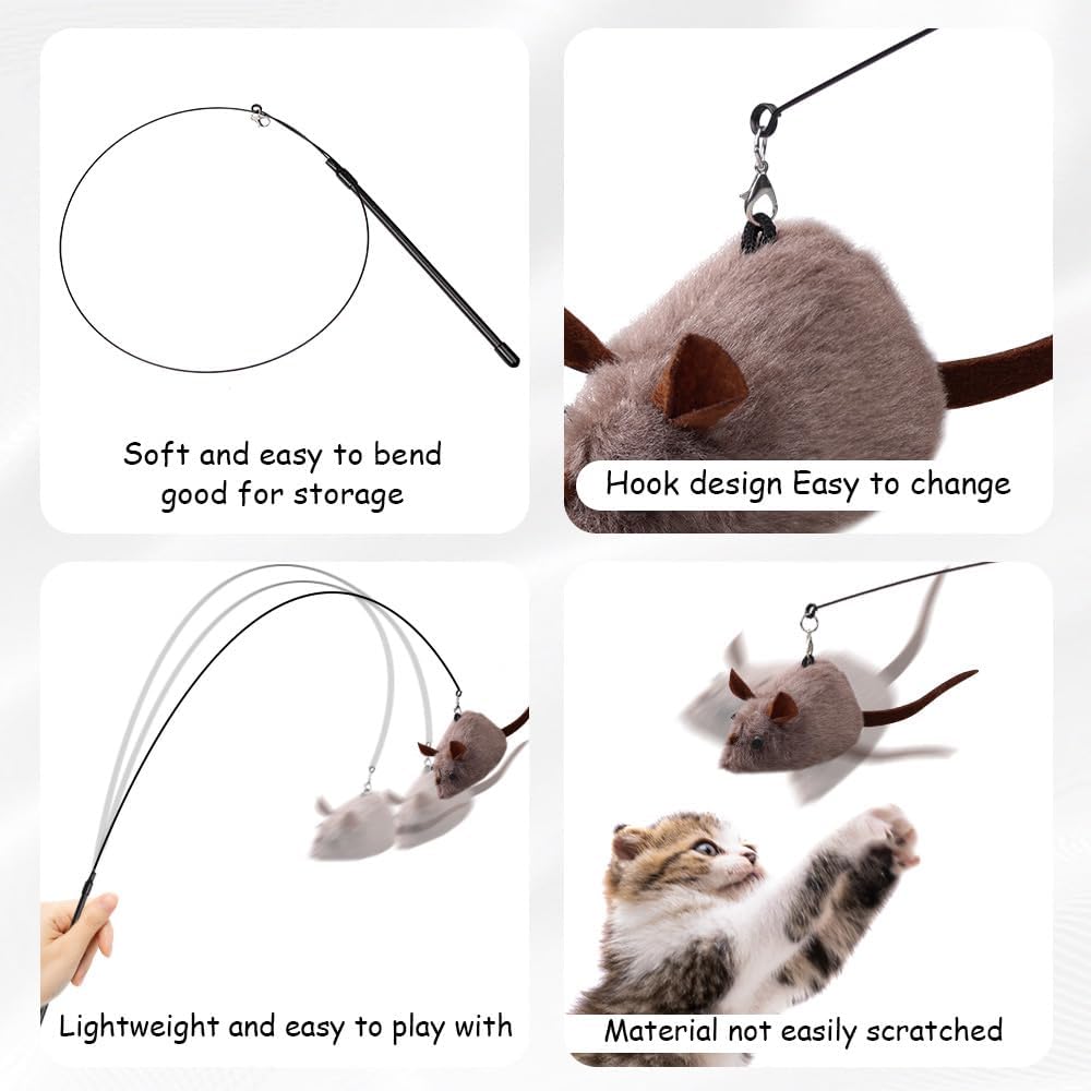 Cat Wand Toy, Mouse 2-piece Catnip wzggle Sound Toy, Soft and Durable, Interactive cat kick for Indoor Games
