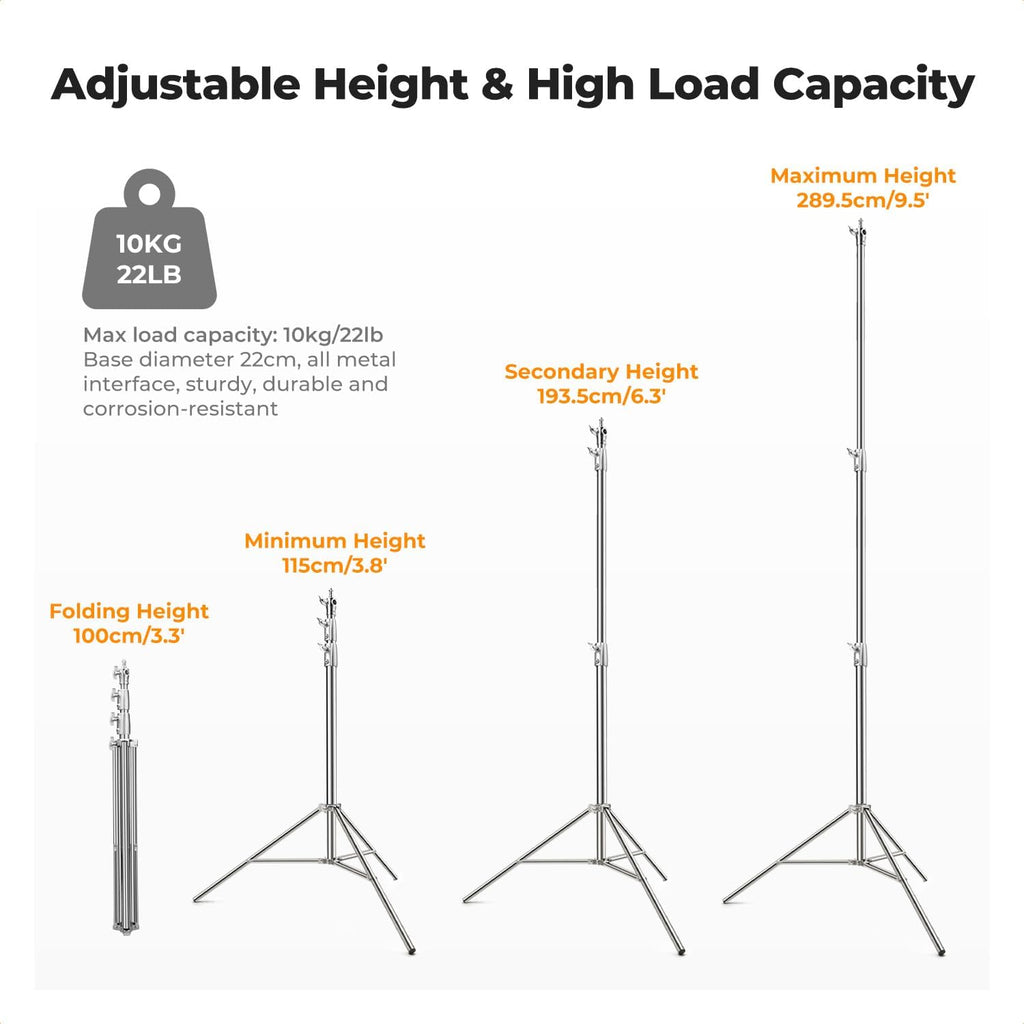 Stainless Steel Light Stand 9.2ft/2.8m Heavy Duty, 2-Pack