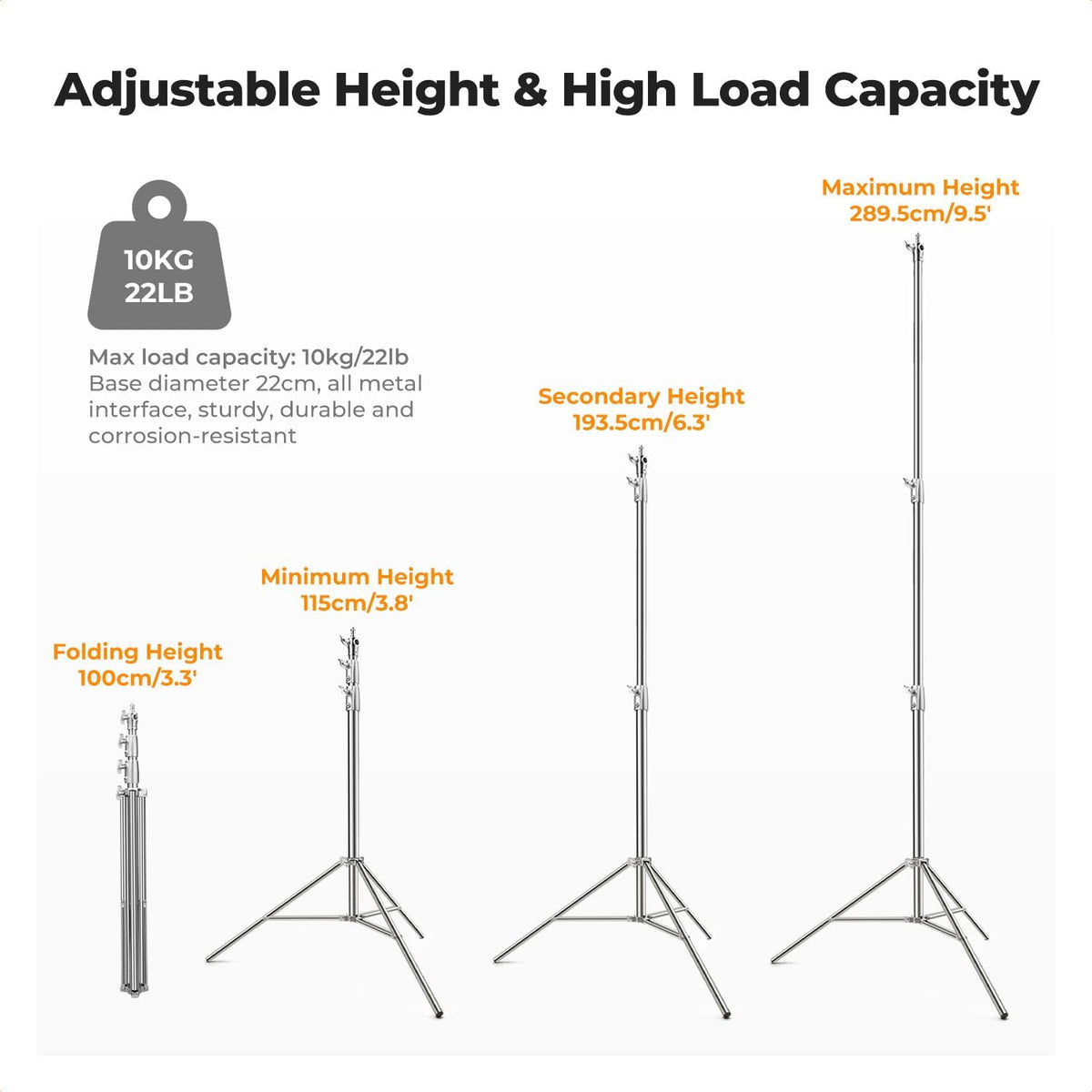 Stainless Steel Light Stand 9.2ft/2.8m Heavy Duty, 2-Pack