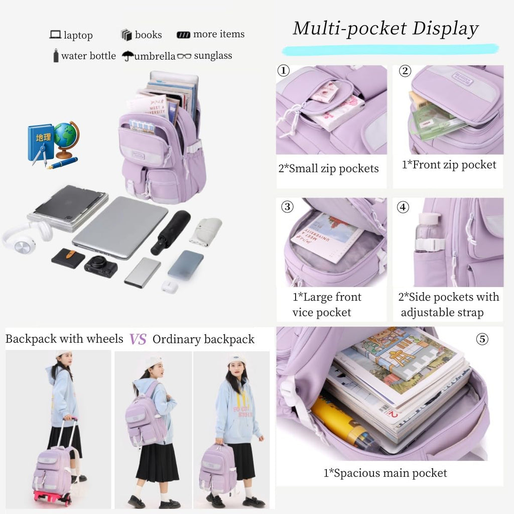 Kids Rolling Backpack for Girls, Boys Roller Backpack with Wheels, Solid-color Trolley Bags Wheeled School Bookbag on